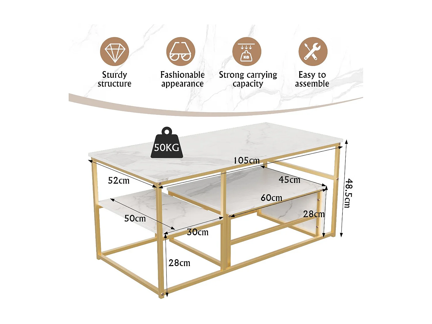 Table basse avec étagères de rangement, meuble salon style industriel bois et métal, table basse moderne doré