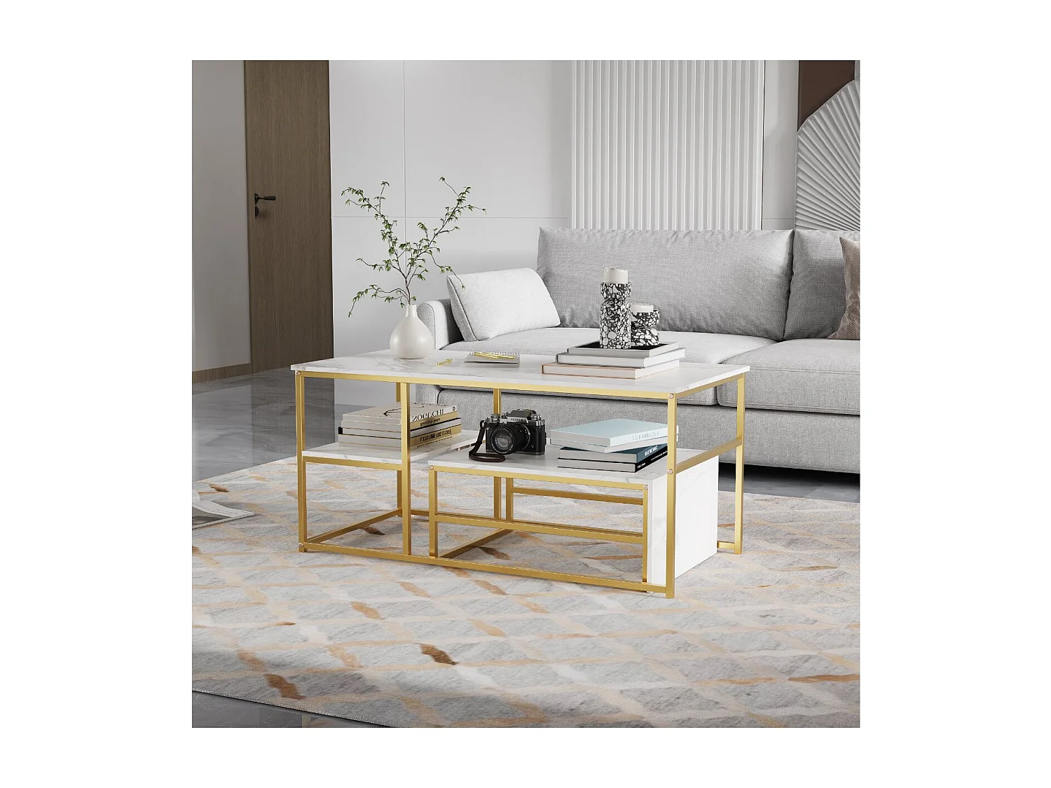 Table basse avec étagères de rangement, meuble salon style industriel bois et métal, table basse moderne doré