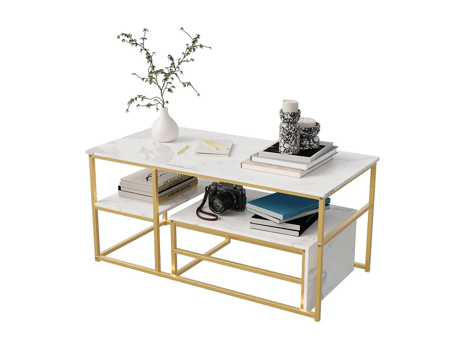 Table basse avec étagères de rangement, meuble salon style industriel bois et métal, table basse moderne doré