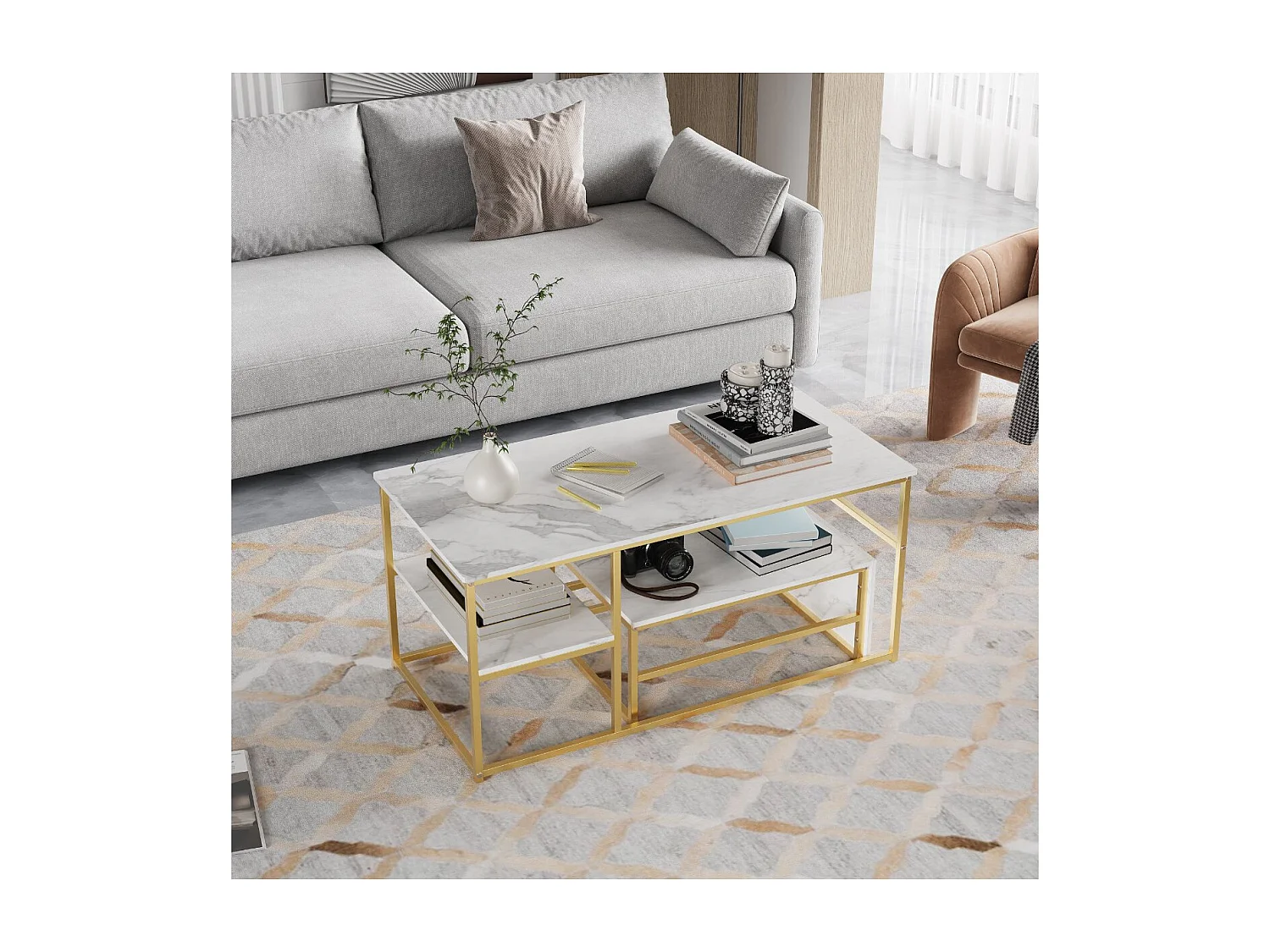 Table basse avec étagères de rangement, meuble salon style industriel bois et métal, table basse moderne doré