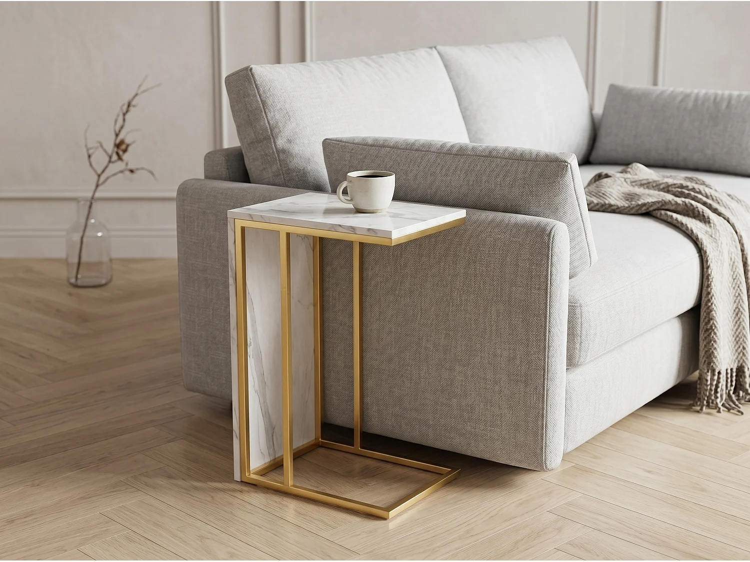 Table basse avec étagères de rangement, meuble salon style industriel bois et métal, table basse moderne doré