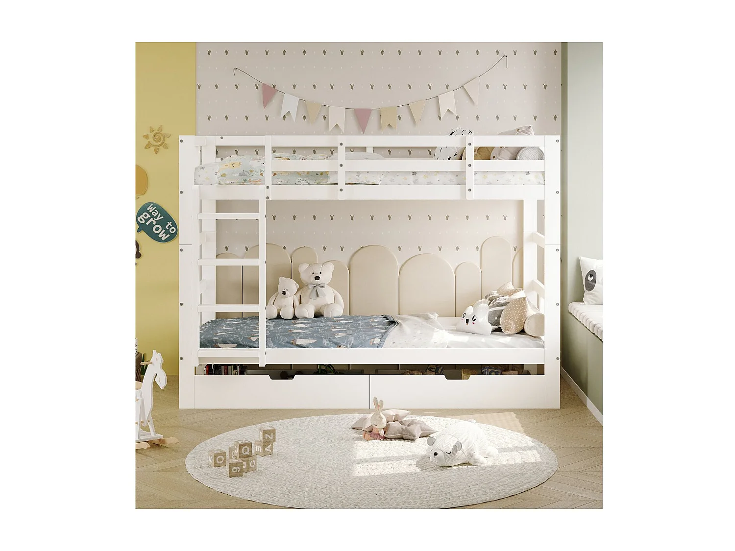 Lit superposé enfant blanc avec échelle et barrière de sécurité, lit double gain de place avec tiroir de rangement