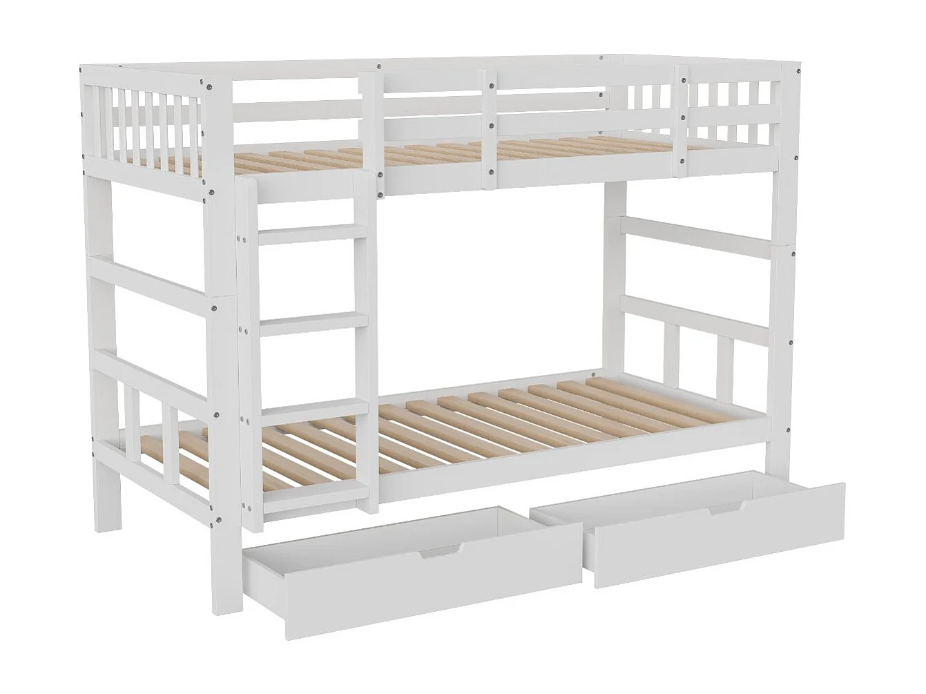 Lit superposé enfant blanc avec échelle et barrière de sécurité, lit double gain de place avec tiroir de rangement