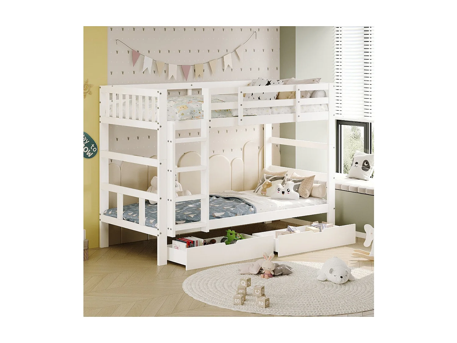 Lit superposé enfant blanc avec échelle et barrière de sécurité, lit double gain de place avec tiroir de rangement