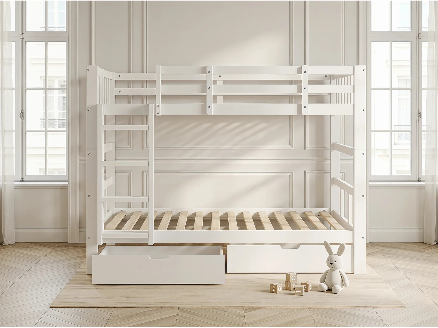 Lit superposé enfant blanc - avec échelle et barrières de sécurité - tiroir de rangement - sommier inclus