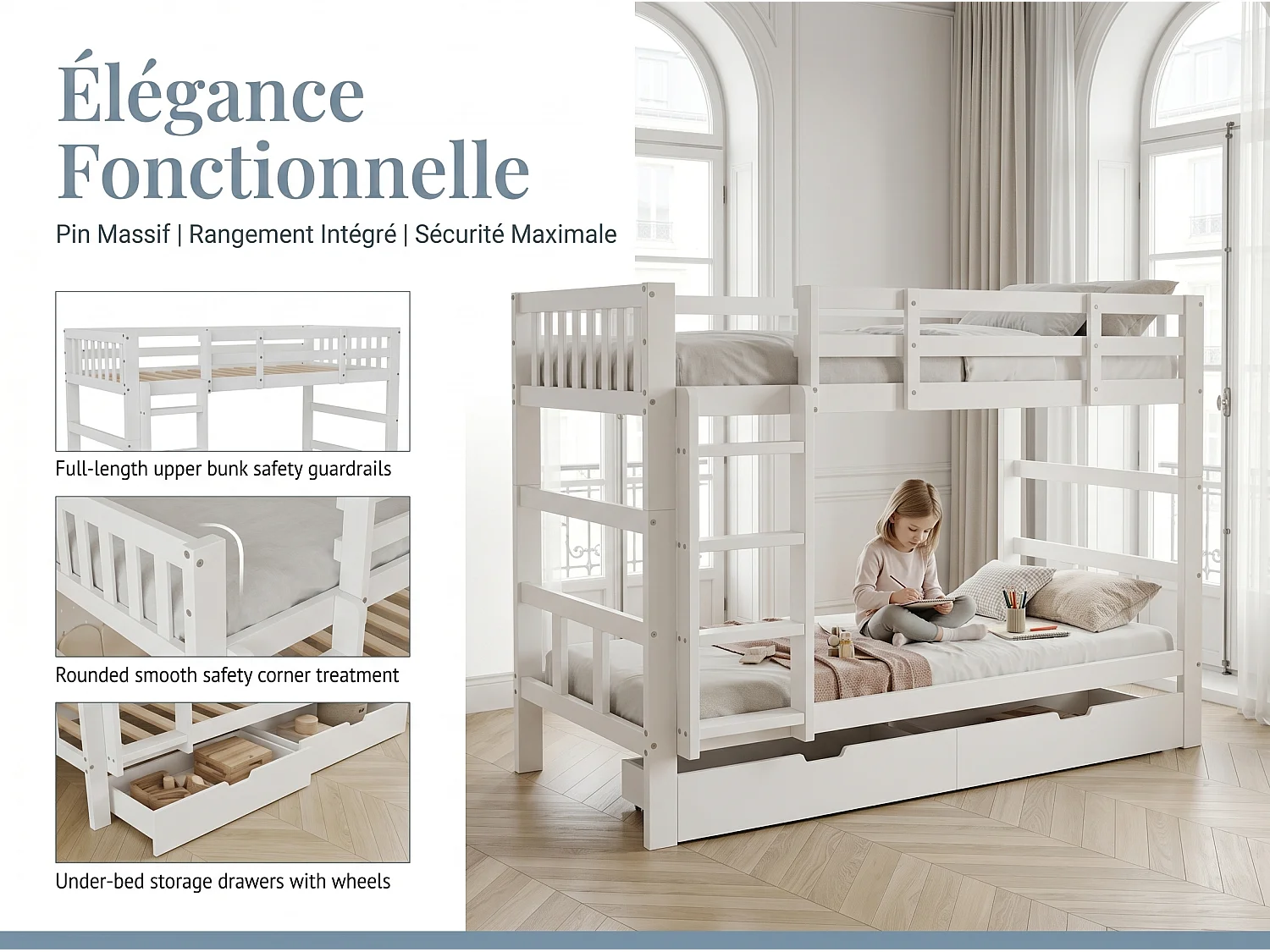 Lit superposé enfant blanc - avec échelle et barrières de sécurité - tiroir de rangement - sommier inclus