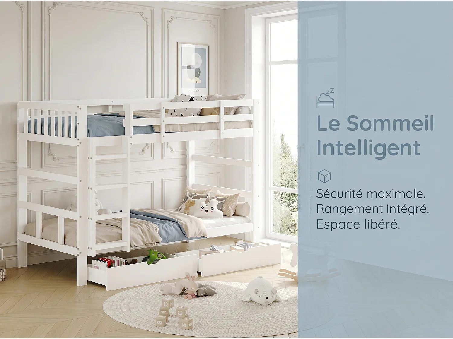 Lit superposé enfant blanc - avec échelle et barrières de sécurité - tiroir de rangement - sommier inclus