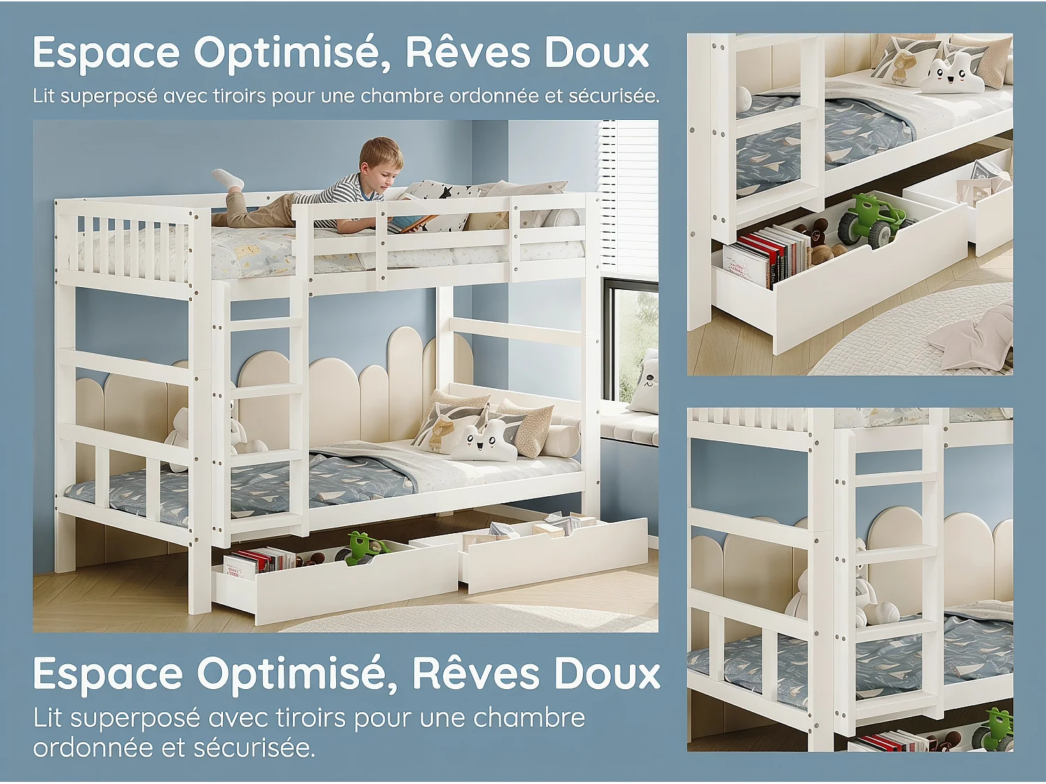 Lit superposé enfant blanc - avec échelle et barrières de sécurité - tiroir de rangement - sommier inclus
