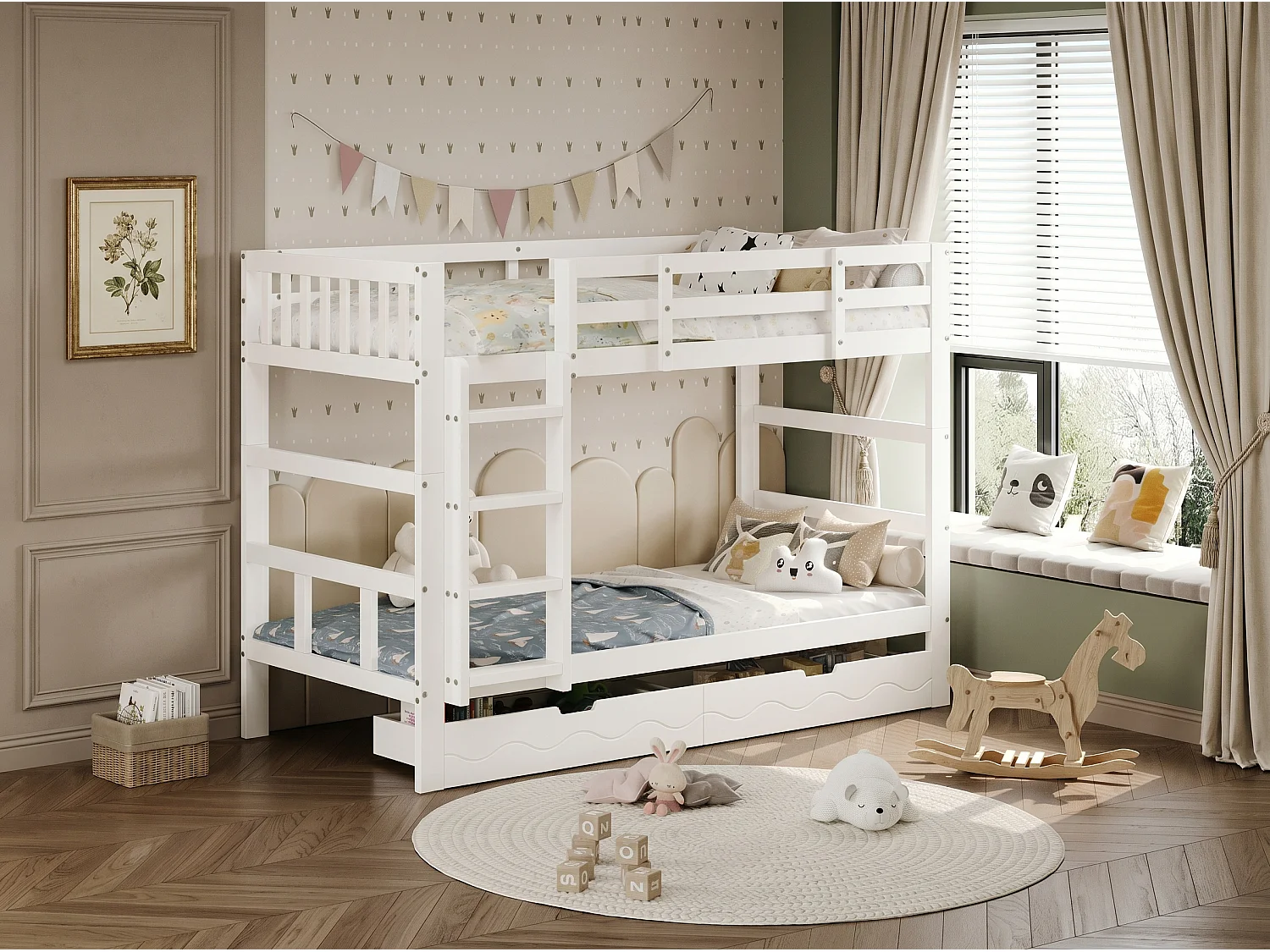Lit superposé enfant blanc - avec échelle et barrières de sécurité - tiroir de rangement - sommier inclus