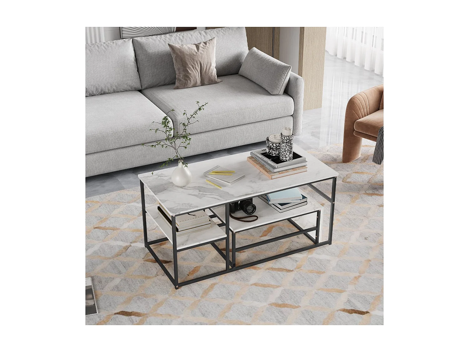 Table basse avec étagères de rangement, meuble salon style industriel bois et métal, table basse moderne blanc