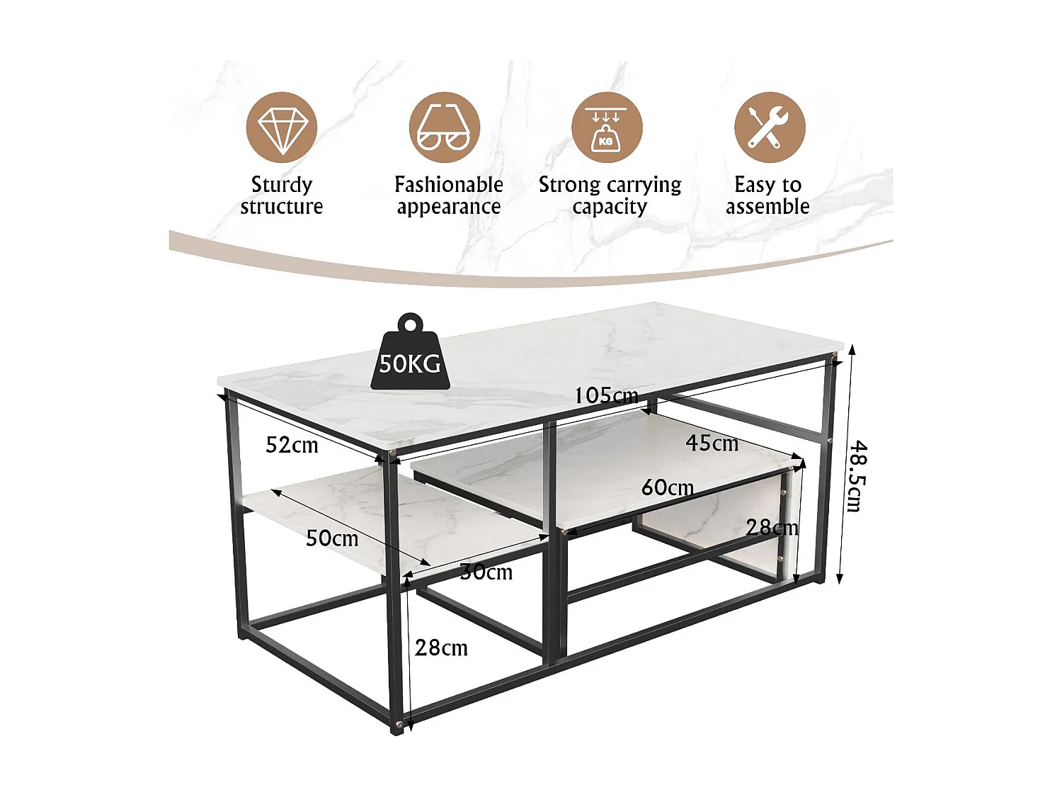 Table basse avec étagères de rangement, meuble salon style industriel bois et métal, table basse moderne blanc
