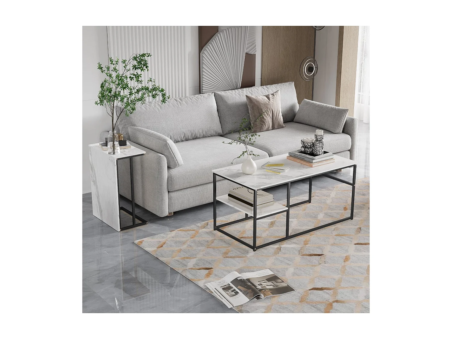 Table basse avec étagères de rangement, meuble salon style industriel bois et métal, table basse moderne blanc