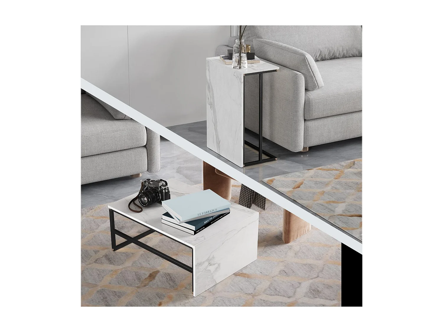 Table basse avec étagères de rangement, meuble salon style industriel bois et métal, table basse moderne blanc