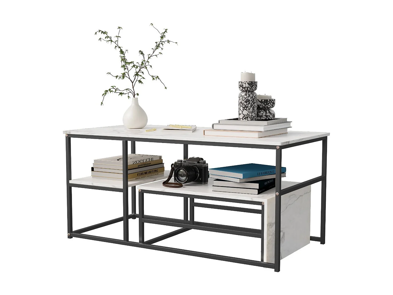 Table basse avec étagères de rangement, meuble salon style industriel bois et métal, table basse moderne blanc