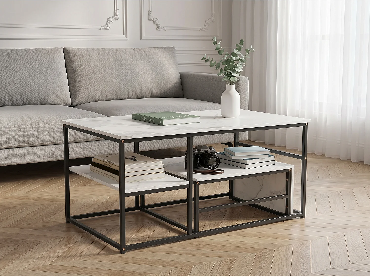Table basse avec étagères de rangement, meuble salon style industriel bois et métal, table basse moderne blanc