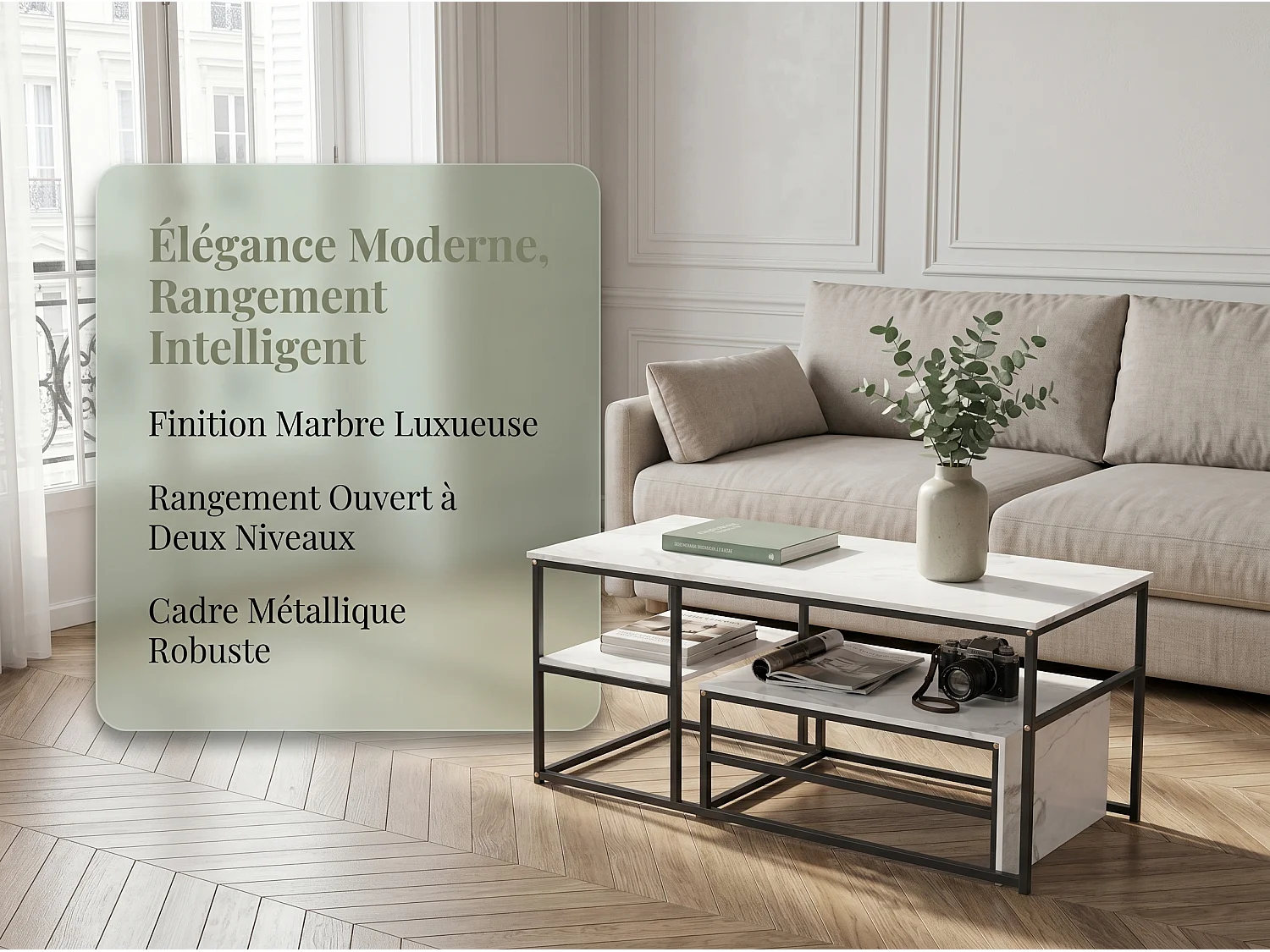 Table basse avec étagères de rangement, meuble salon style industriel bois et métal, table basse moderne blanc