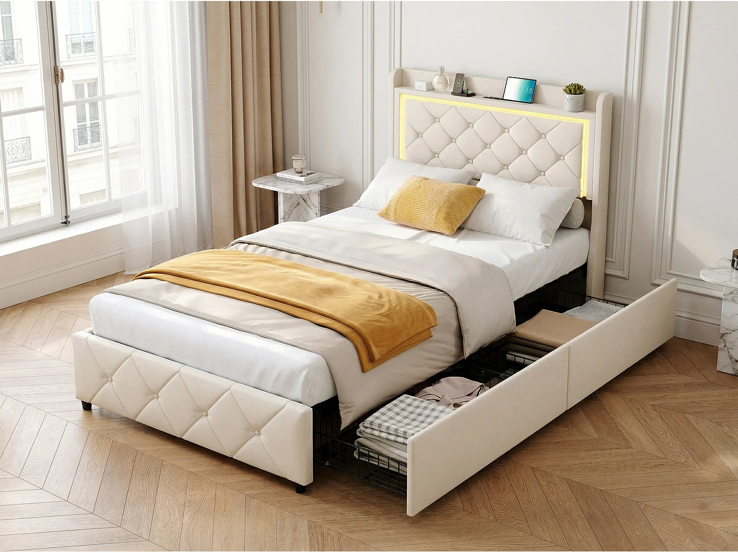 Lit 90x200 cm avec coffre et rangement, LED, USB et Type-C, lit capitonné velours, sommier inclus