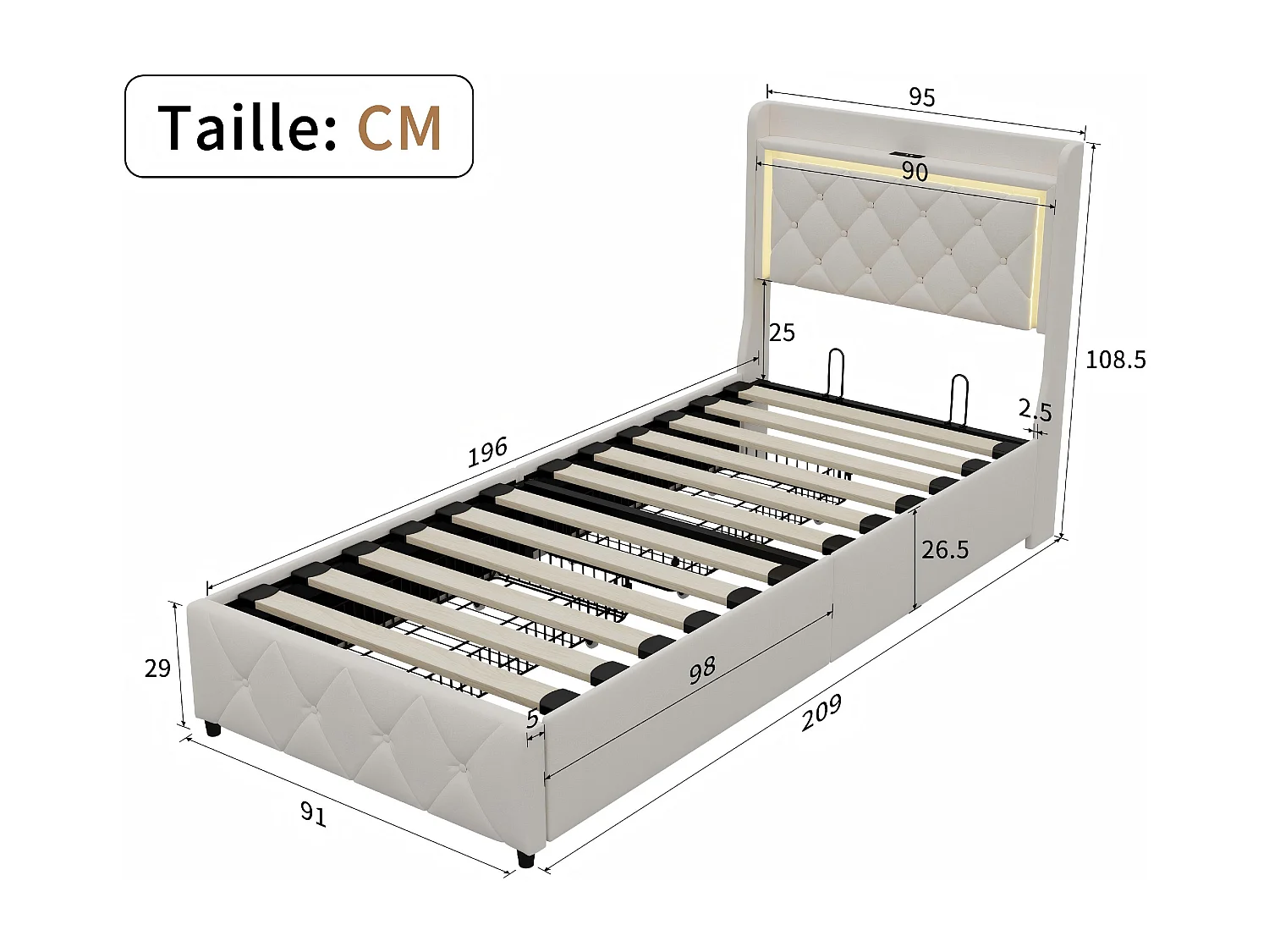 Lit 90x200 cm avec coffre et rangement, LED, USB et Type-C, lit capitonné velours, sommier inclus