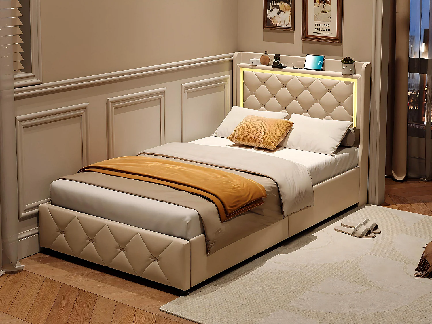 Lit 90x200 cm avec coffre et rangement, LED, USB et Type-C, lit capitonné velours, sommier inclus