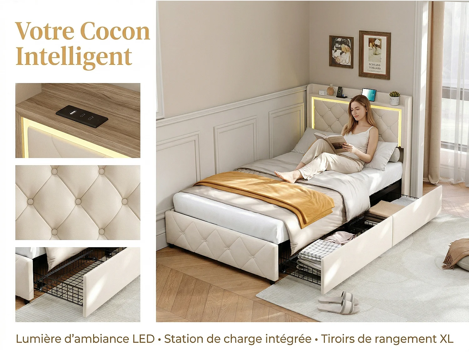 Lit 90x200 cm avec coffre et rangement, LED, USB et Type-C, lit capitonné velours, sommier inclus