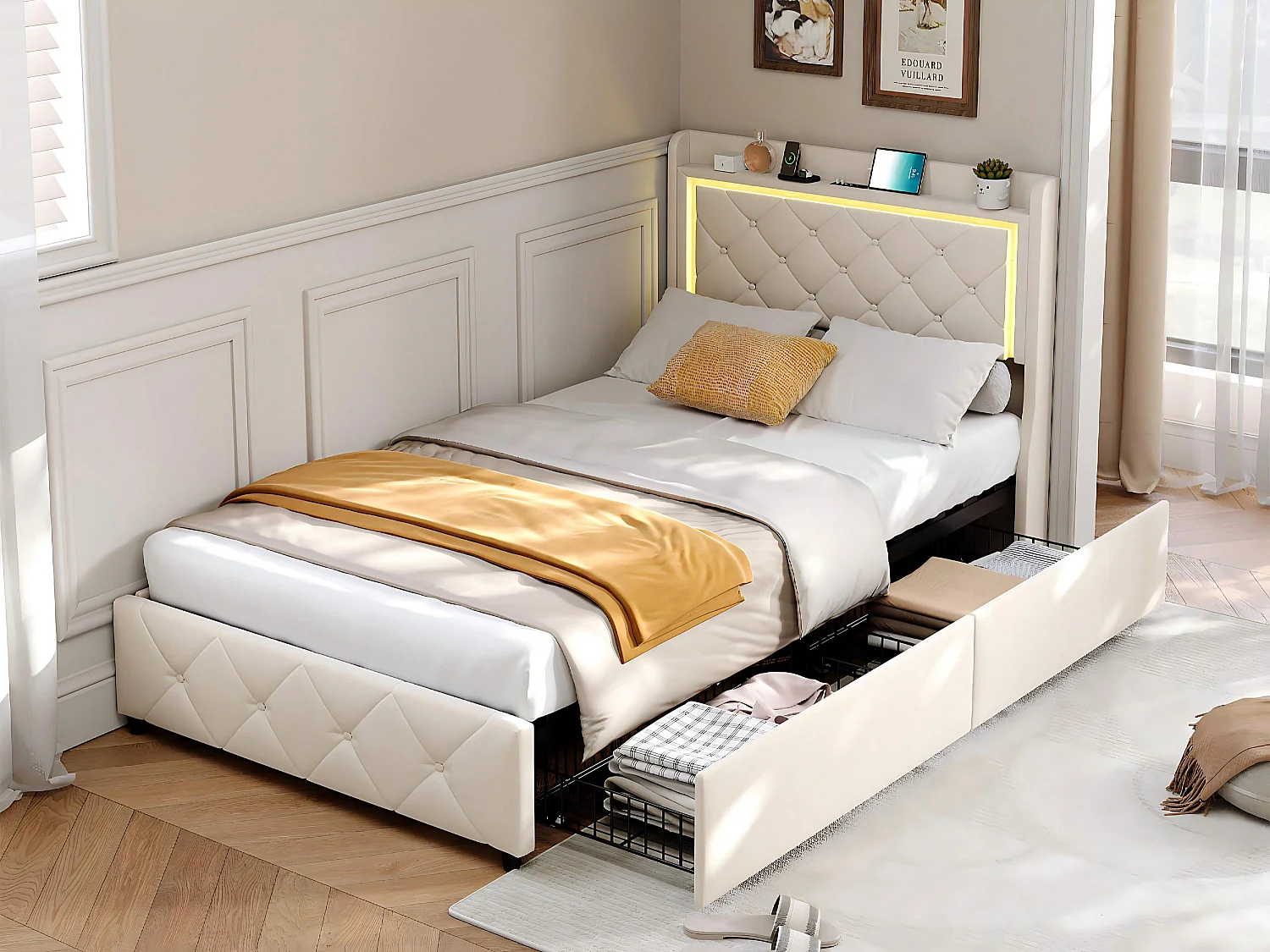 Lit 90x200 cm avec coffre et rangement, LED, USB et Type-C, lit capitonné velours, sommier inclus