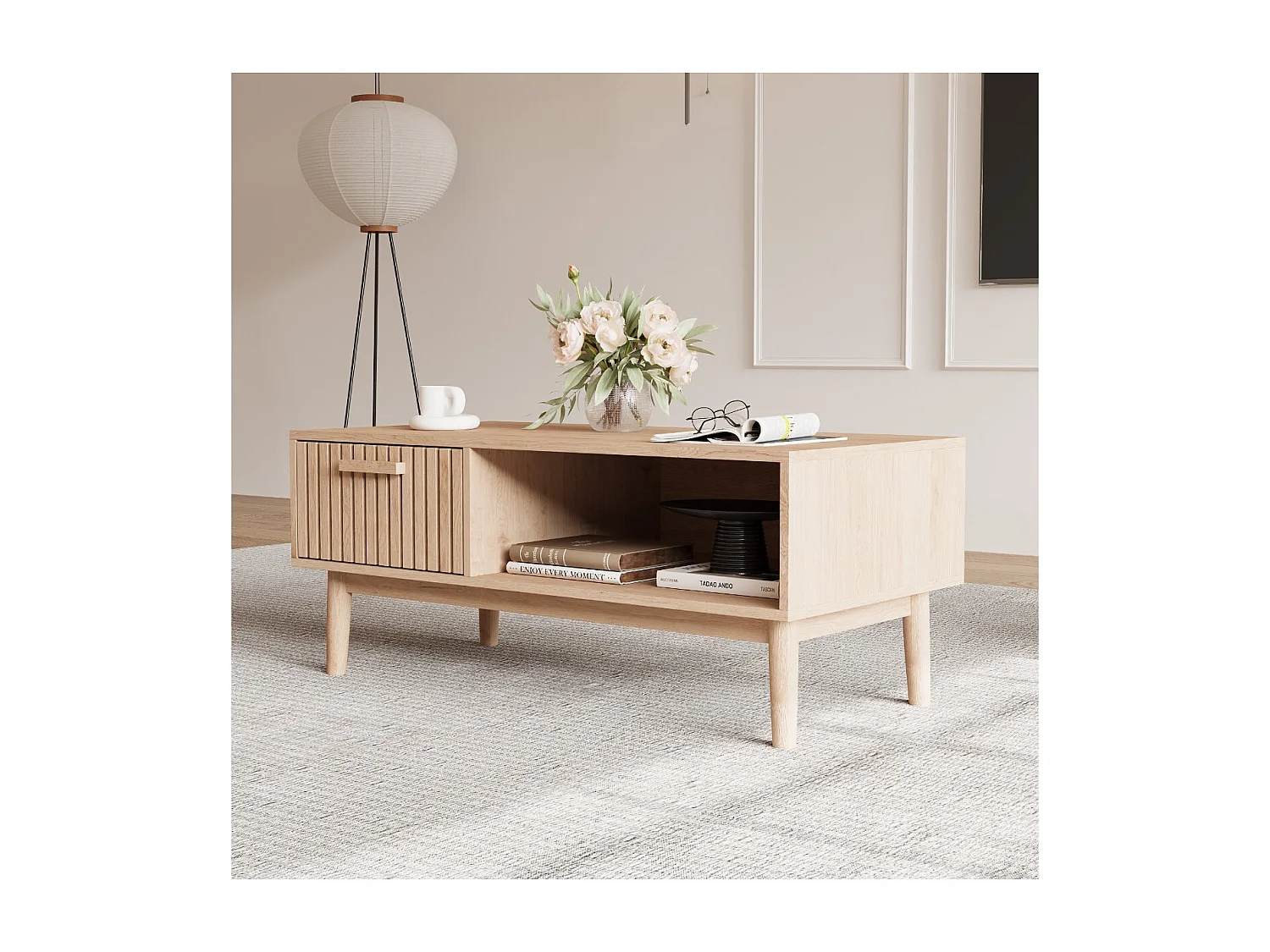 Meuble TV bois style scandinave avec tiroir façade rainurée et niche ouverte, meuble bas TV rangement salon, banc TV sur pieds, finition chêne naturel