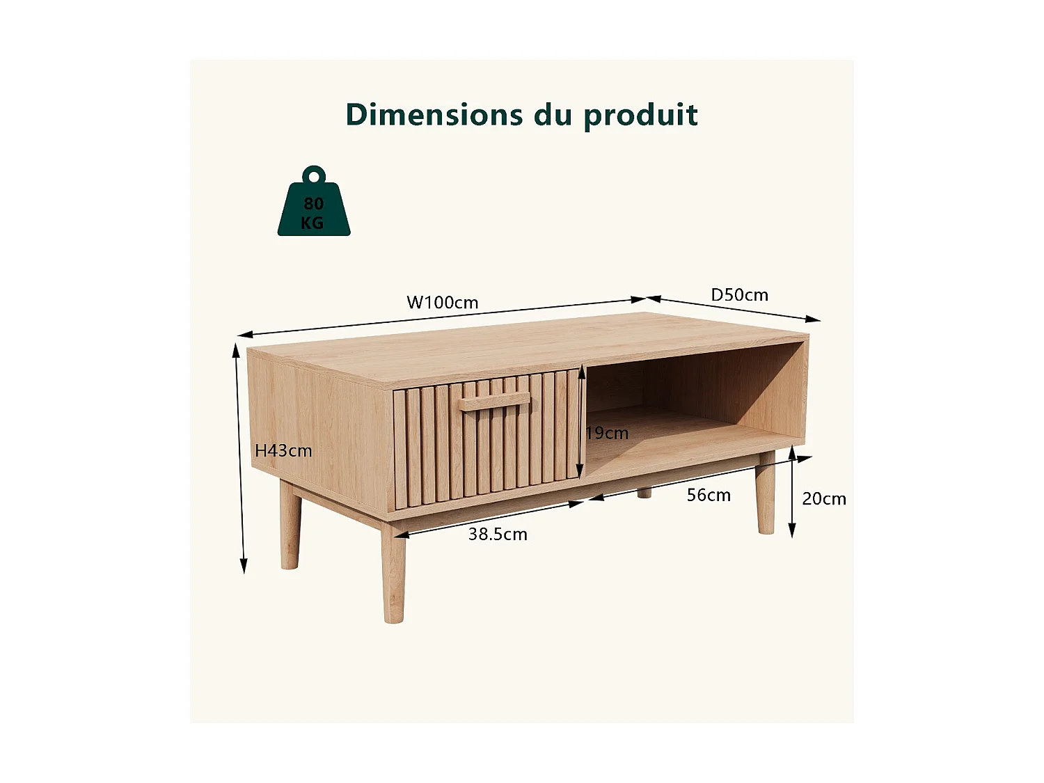 Meuble TV bois style scandinave avec tiroir façade rainurée et niche ouverte, meuble bas TV rangement salon, banc TV sur pieds, finition chêne naturel