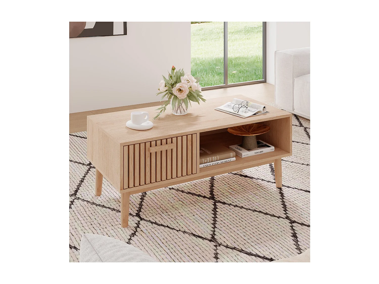 Meuble TV bois style scandinave avec tiroir façade rainurée et niche ouverte, meuble bas TV rangement salon, banc TV sur pieds, finition chêne naturel