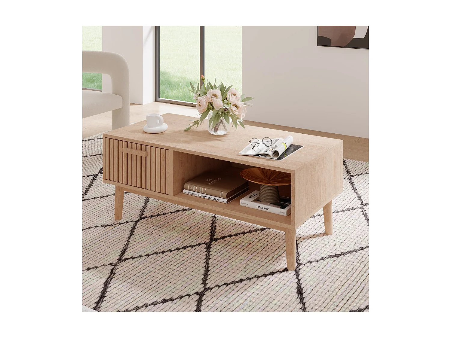 Meuble TV bois style scandinave avec tiroir façade rainurée et niche ouverte, meuble bas TV rangement salon, banc TV sur pieds, finition chêne naturel