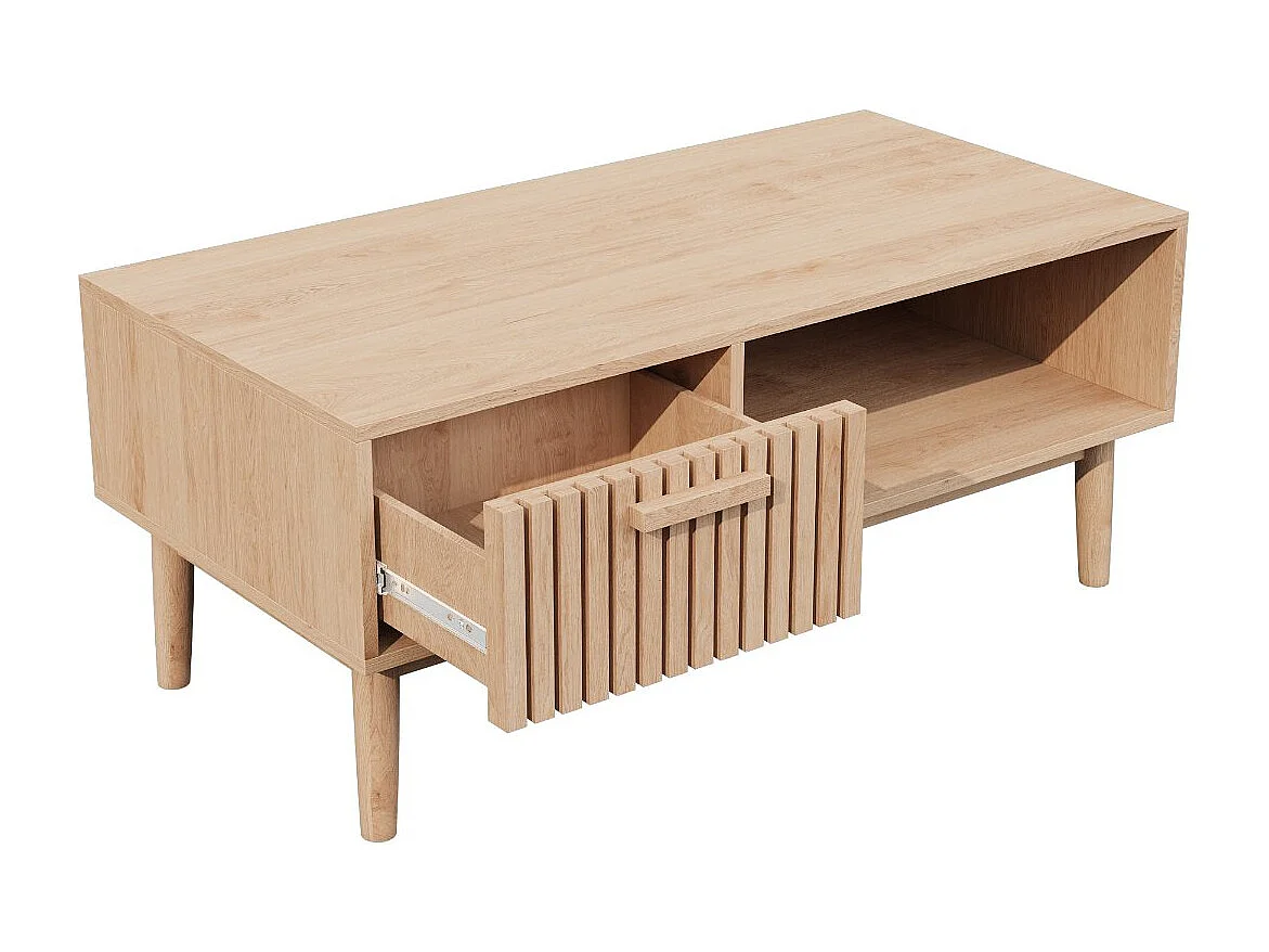 Meuble TV bois style scandinave avec tiroir façade rainurée et niche ouverte, meuble bas TV rangement salon, banc TV sur pieds, finition chêne naturel