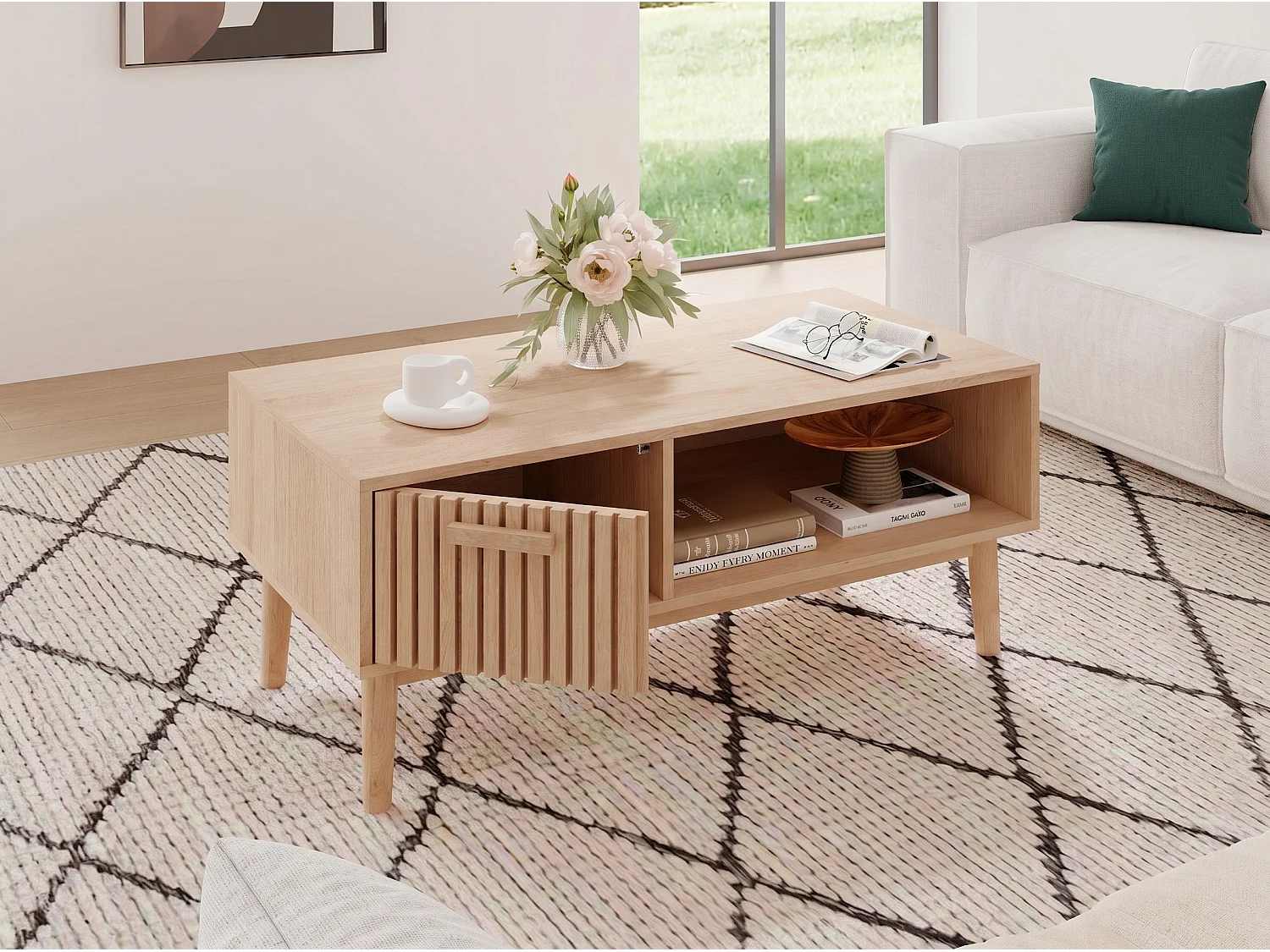 Meuble TV bois style scandinave avec tiroir façade rainurée et niche ouverte, meuble bas TV rangement salon, banc TV sur pieds, finition chêne naturel