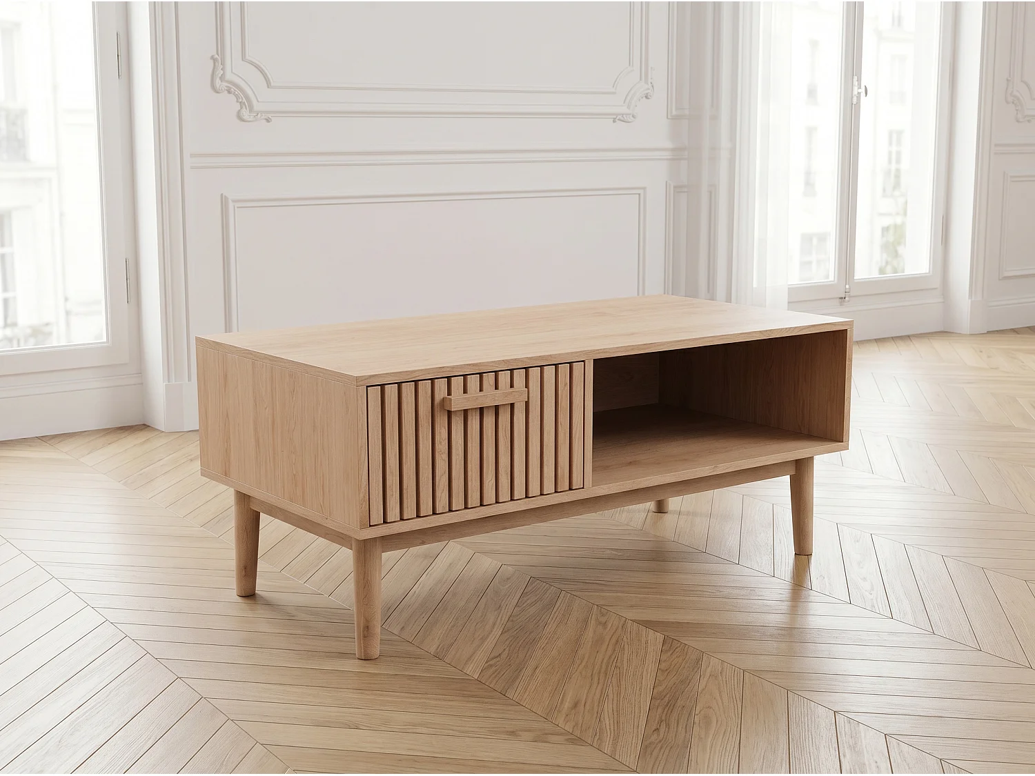 Meuble TV bois style scandinave avec tiroir façade rainurée et niche ouverte, meuble bas TV rangement salon, banc TV sur pieds, finition chêne naturel
