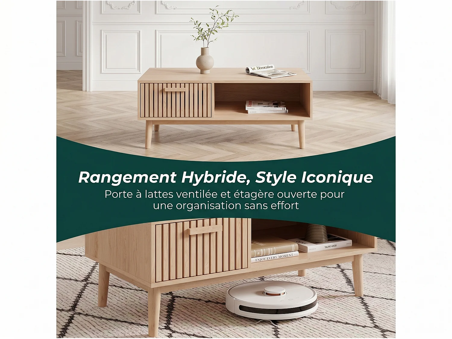 Meuble TV bois style scandinave avec tiroir façade rainurée et niche ouverte, meuble bas TV rangement salon, banc TV sur pieds, finition chêne naturel