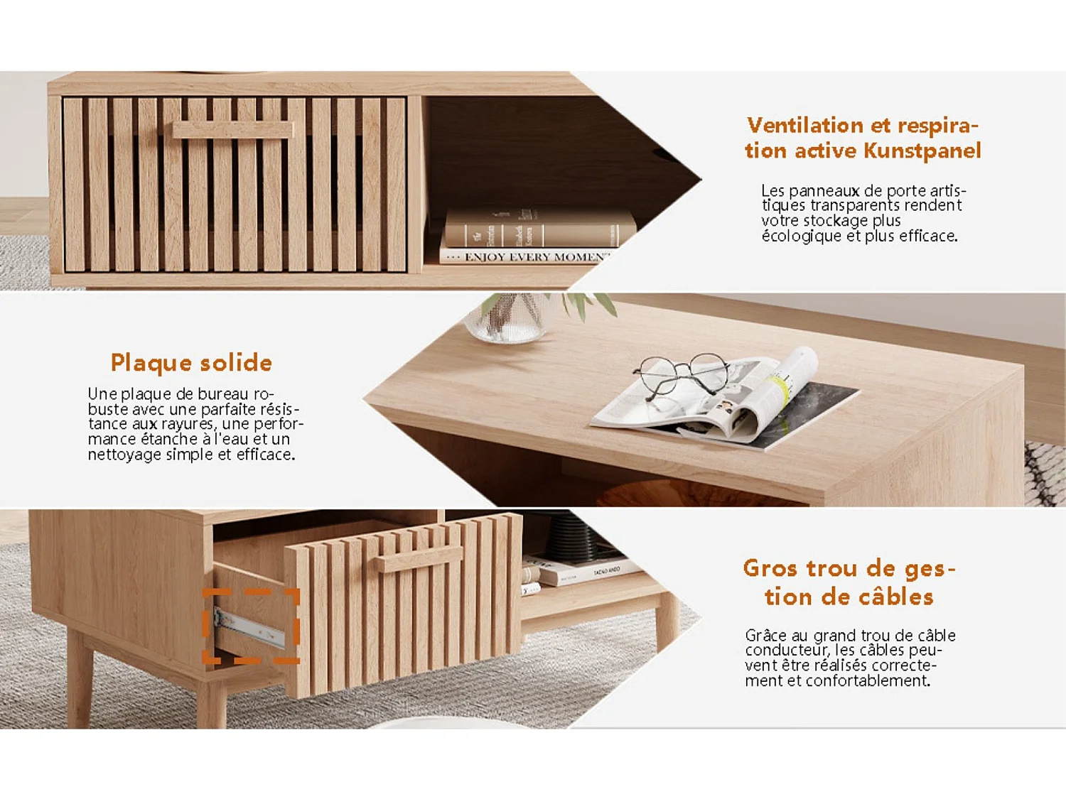 Meuble TV bois style scandinave avec tiroir façade rainurée et niche ouverte, meuble bas TV rangement salon, banc TV sur pieds, finition chêne naturel