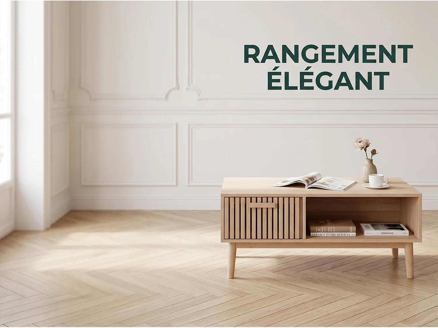 Meuble TV bois style scandinave avec tiroir façade rainurée et niche ouverte, meuble bas TV rangement salon, banc TV sur pieds, finition chêne naturel