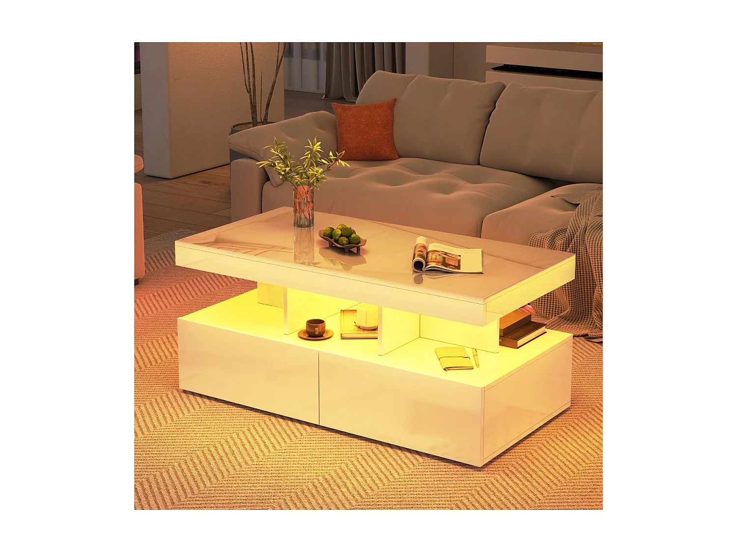 Table basse avec LED et tiroirs, meuble salon blanc avec rangements et étagères ouvertes, table basse moderne multifonction