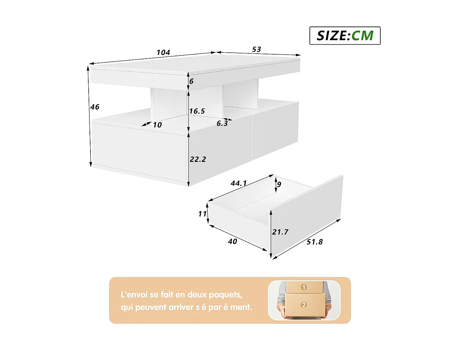 Table basse avec LED et tiroirs, meuble salon blanc avec rangements et étagères ouvertes, table basse moderne multifonction