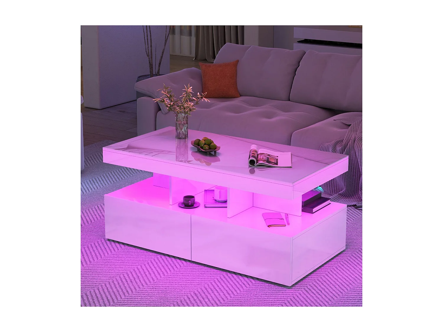 Table basse avec LED et tiroirs, meuble salon blanc avec rangements et étagères ouvertes, table basse moderne multifonction
