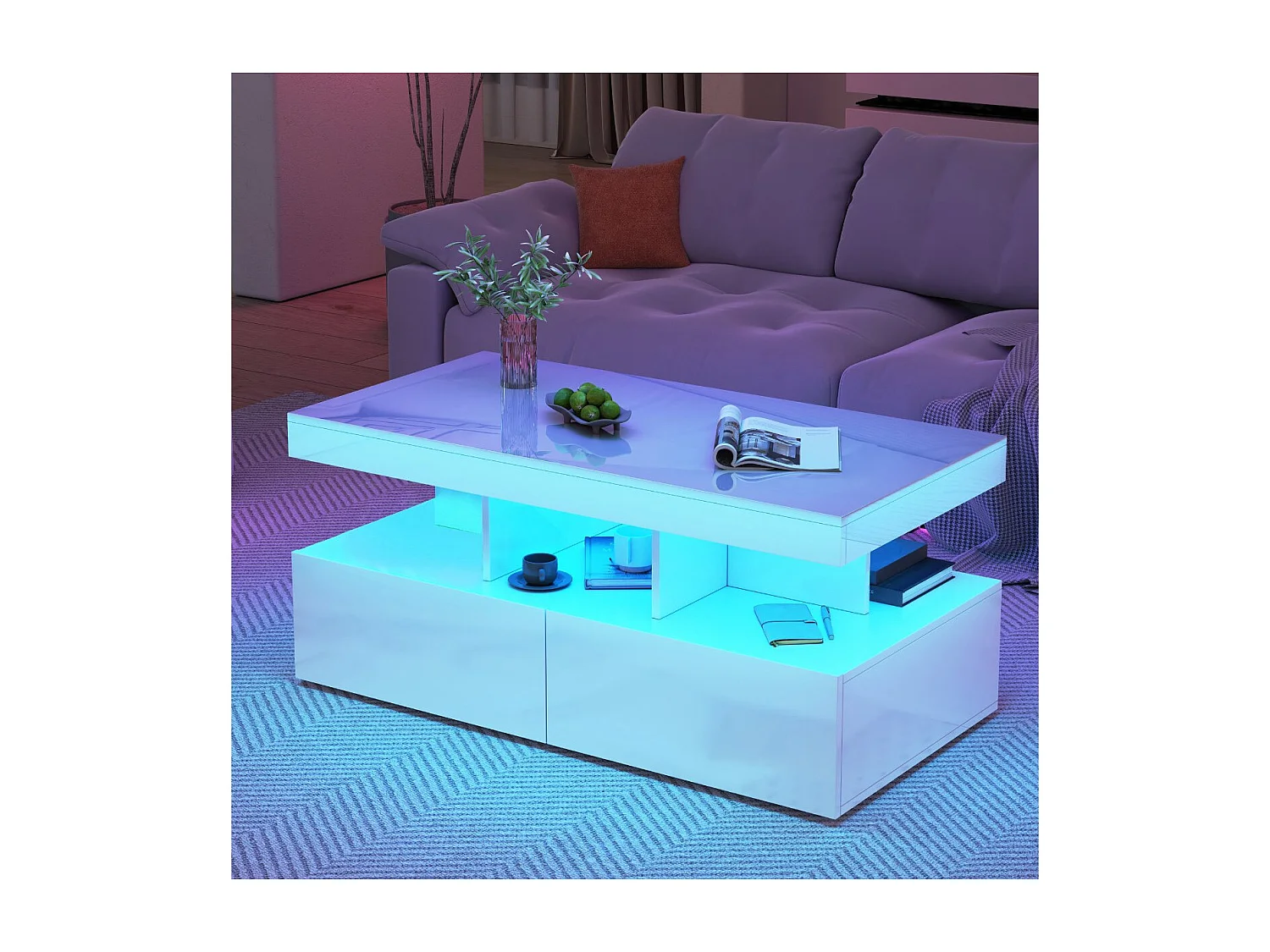 Table basse avec LED et tiroirs, meuble salon blanc avec rangements et étagères ouvertes, table basse moderne multifonction