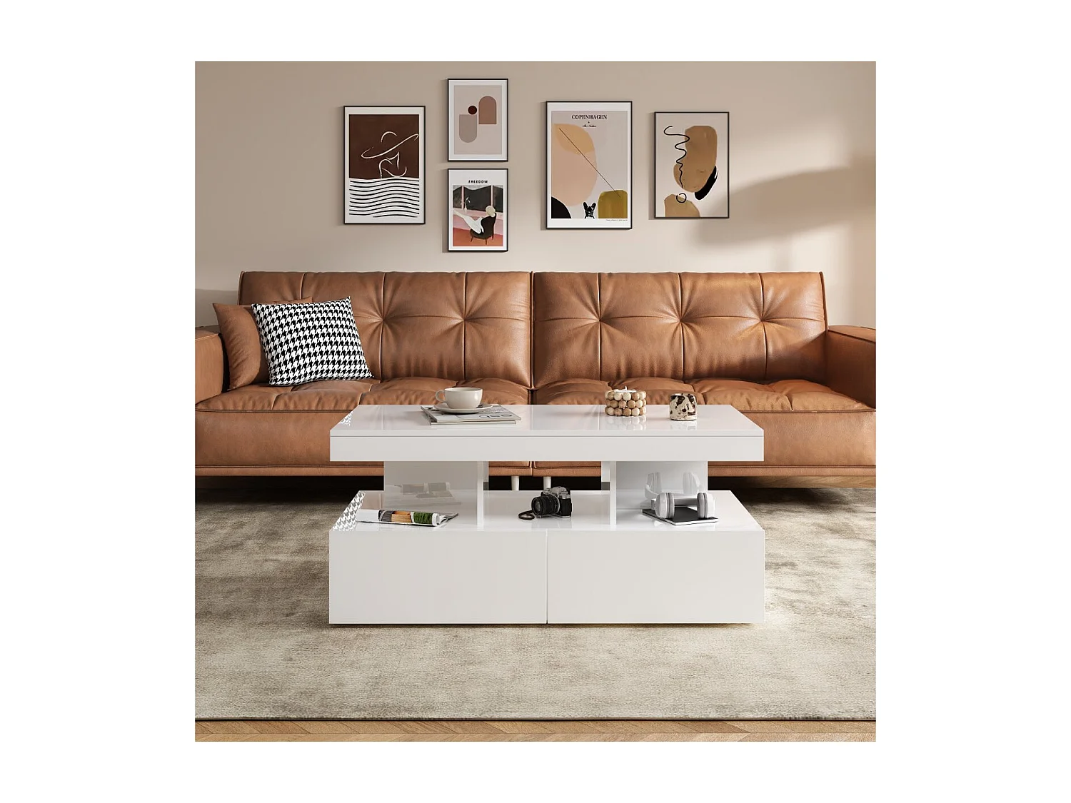 Table basse avec LED et tiroirs, meuble salon blanc avec rangements et étagères ouvertes, table basse moderne multifonction