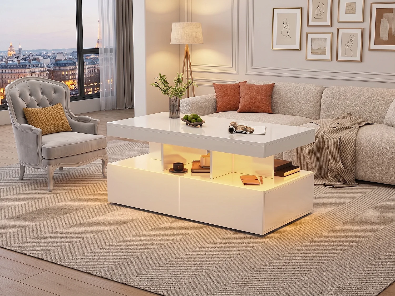 Table basse avec LED et tiroirs, meuble salon blanc avec rangements et étagères ouvertes, table basse moderne multifonction