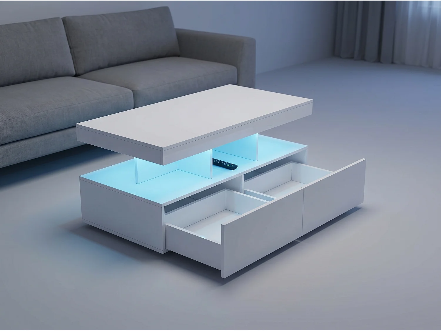 Table basse avec LED et tiroirs, meuble salon blanc avec rangements et étagères ouvertes, table basse moderne multifonction