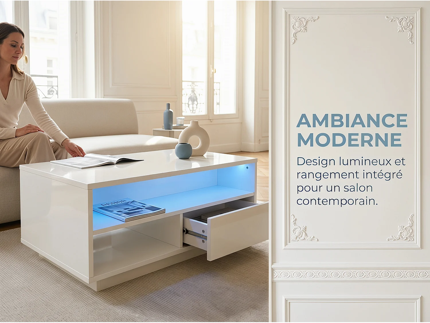 Table basse avec LED et tiroirs, meuble salon blanc avec rangements et étagères ouvertes, table basse moderne multifonction