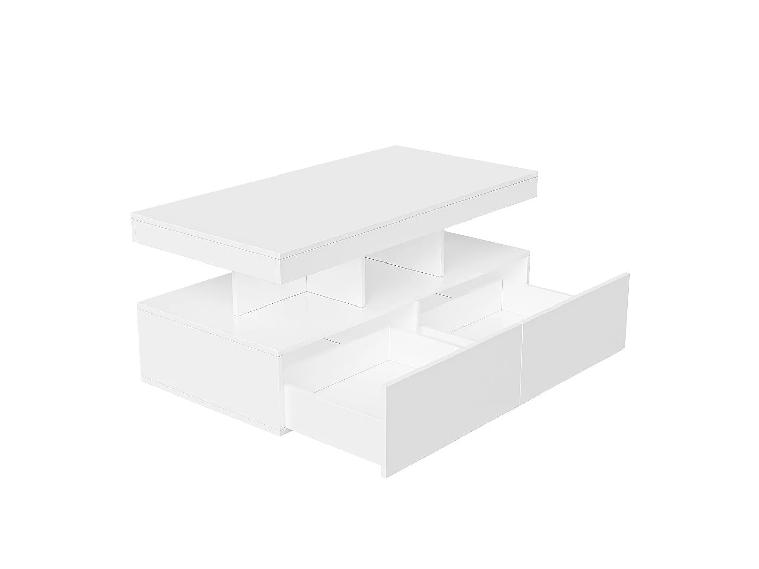 Table basse avec LED et tiroirs, meuble salon blanc avec rangements et étagères ouvertes, table basse moderne multifonction