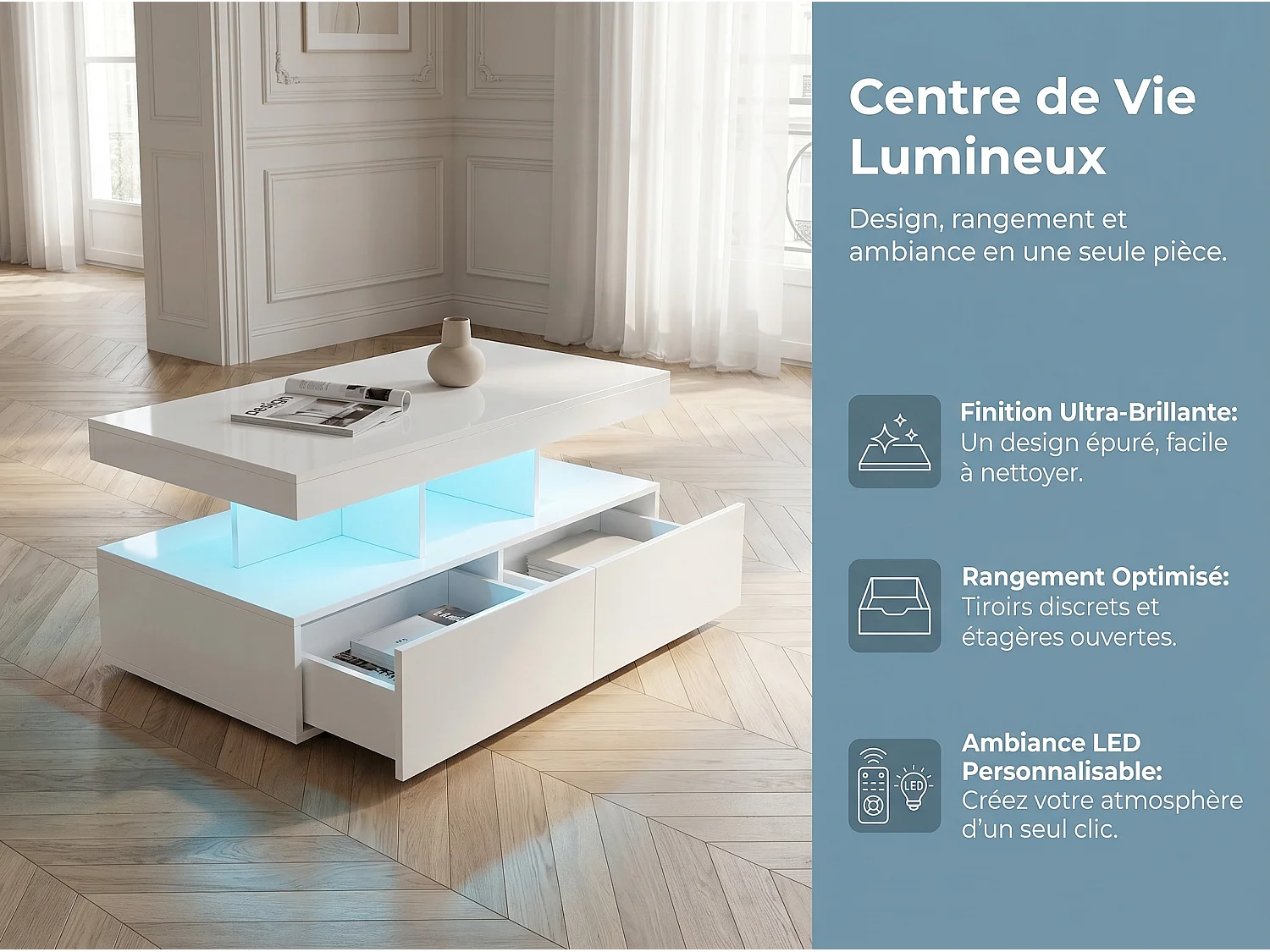 Table basse avec LED et tiroirs, meuble salon blanc avec rangements et étagères ouvertes, table basse moderne multifonction