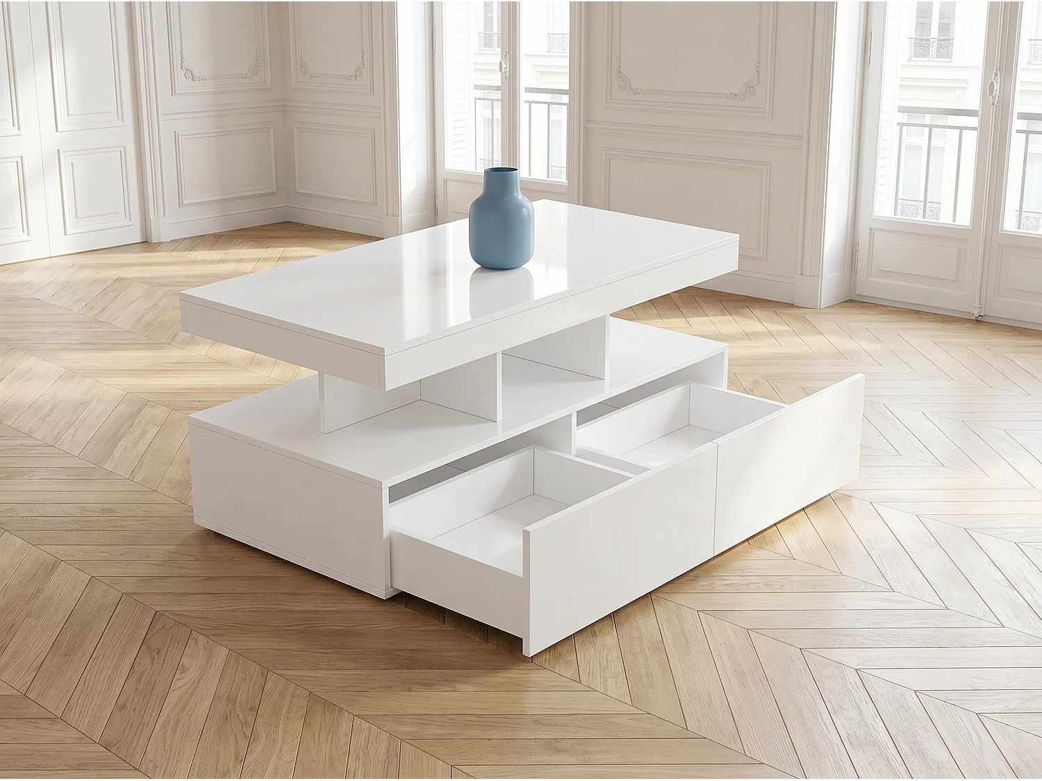 Table basse avec LED et tiroirs, meuble salon blanc avec rangements et étagères ouvertes, table basse moderne multifonction