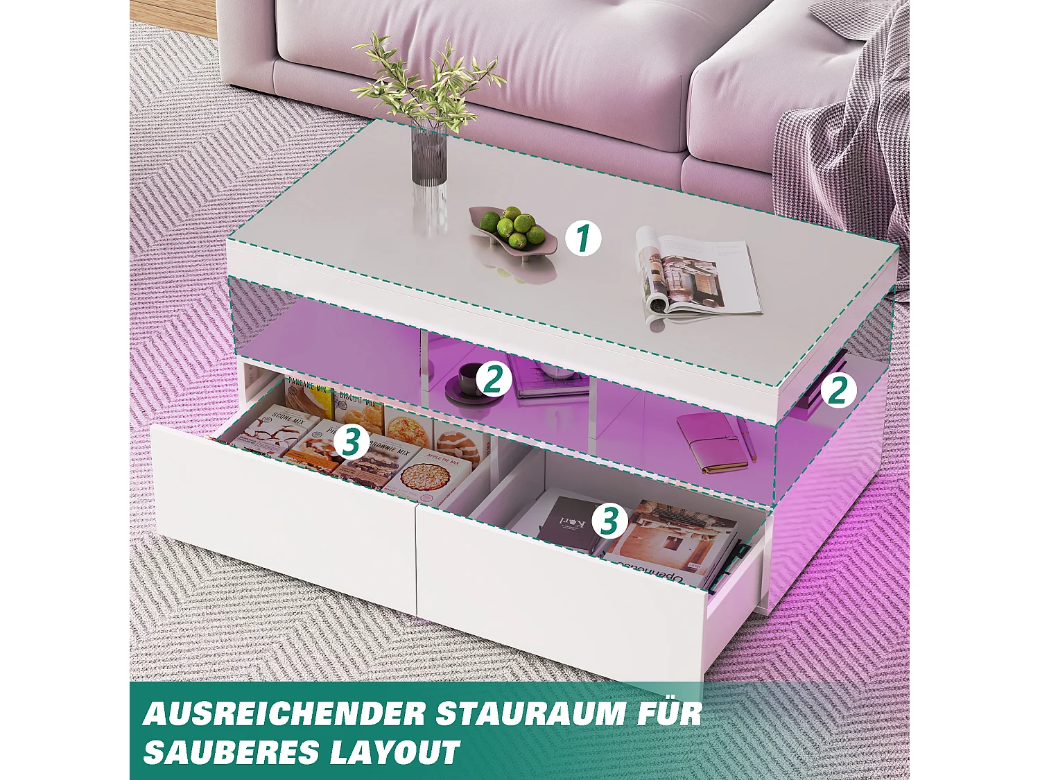 Table basse 104x53x46 cm - avec éclairage LED - 2 tiroirs - Plateau en verre - Finition laquée brillante - Blanc