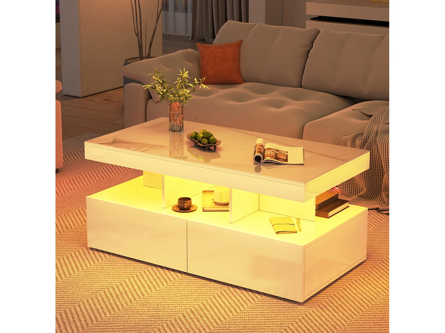 Table basse 104x53x46 cm - avec éclairage LED - 2 tiroirs - Plateau en verre - Finition laquée brillante - Blanc