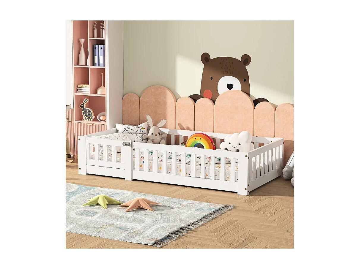 Lit enfant au sol Montessori 80x160 cm avec barrière de sécurité et porte, lit bébé évolutif en bois blanc, cadre de lit bas sécurisé pour chambre enfant