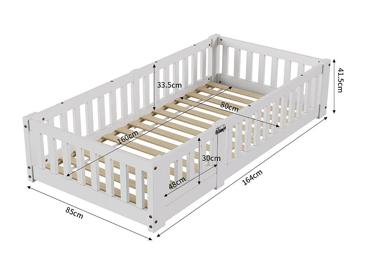 Lit enfant au sol Montessori 80x160 cm avec barrière de sécurité et porte, lit bébé évolutif en bois blanc, cadre de lit bas sécurisé pour chambre enfant